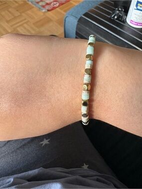 Beaded Gold Accent Mint Green Stretch Bracelet - Women Jewelry
